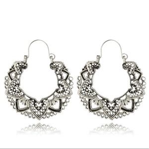 Silver Dangle Hoop Hook Clasp Earrings • Totem Petal Cut Out Design